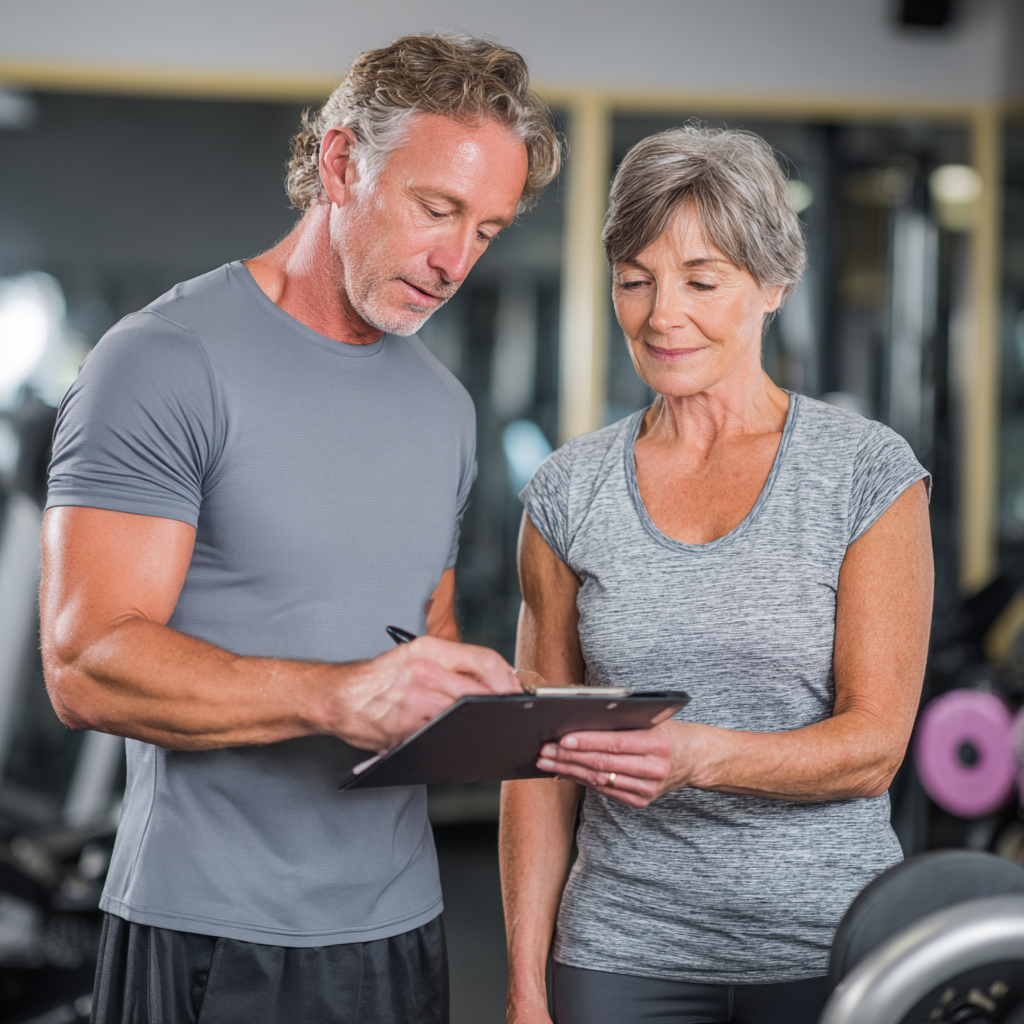 experienced fitness trainer providing guidance to mature adults
