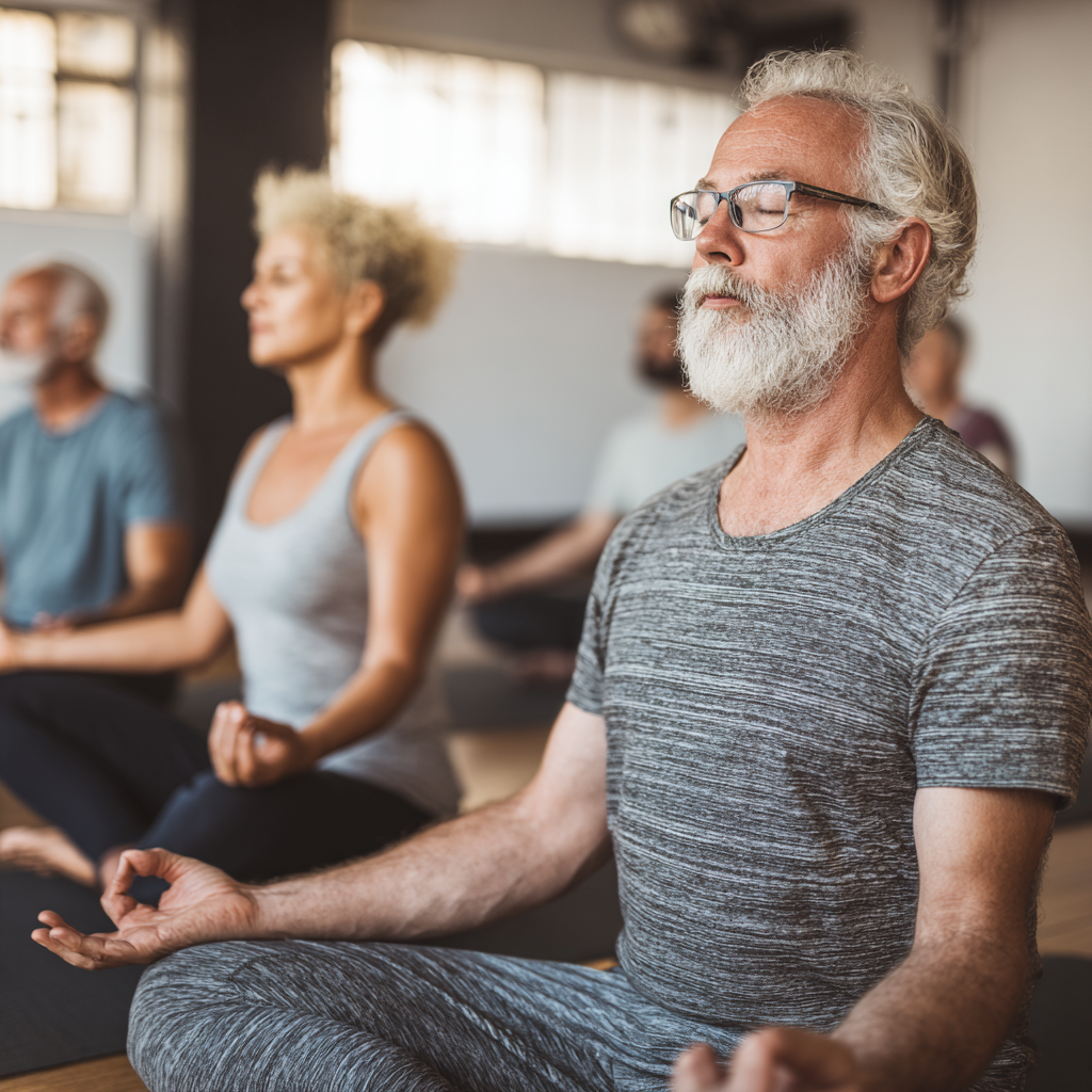 mature adults engaged in mindful fitness training session
